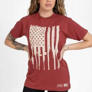 Anti Pilling Treatment Women's Rifle Flag Boyfriend Fit T-Shirt - Red Plum