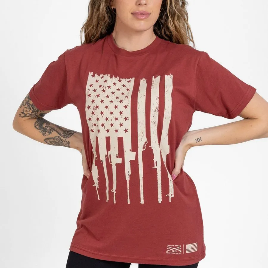 Layered Look UV protection layer Women's Rifle Flag Boyfriend Fit T-Shirt - Red Plum