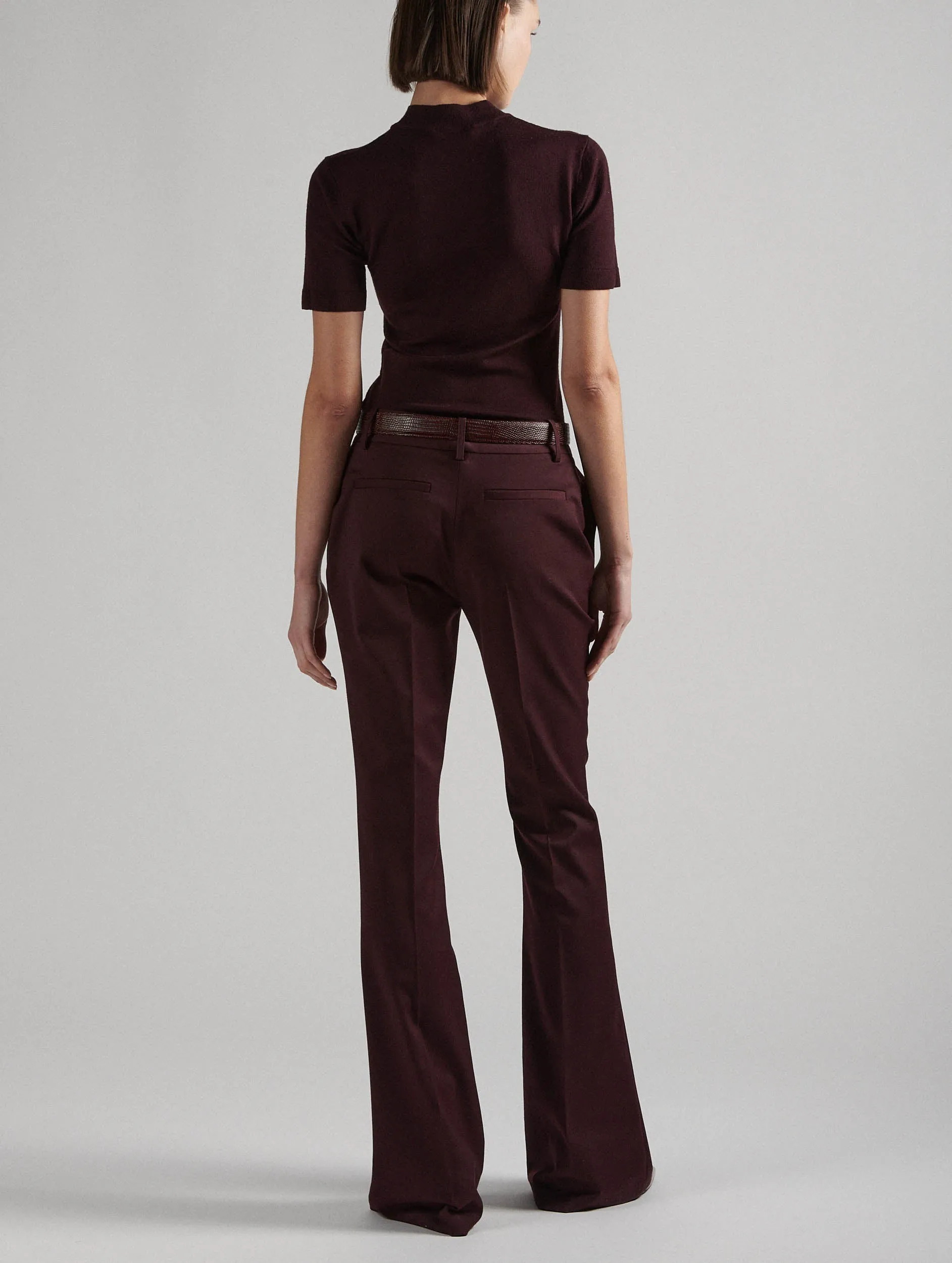 Burgundy stretch wool gabardine bootleg-cut trousers Versatile Comfort Wear Durable Seam Construction