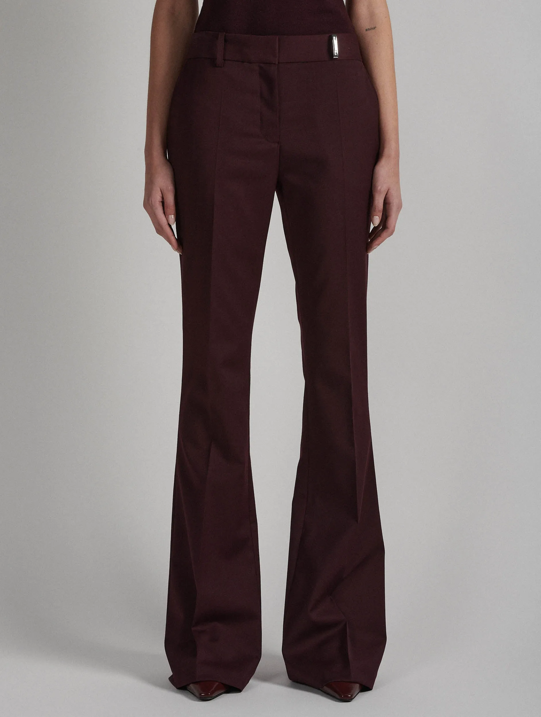 High-rise waist slim fit Burgundy stretch wool gabardine bootleg-cut trousers