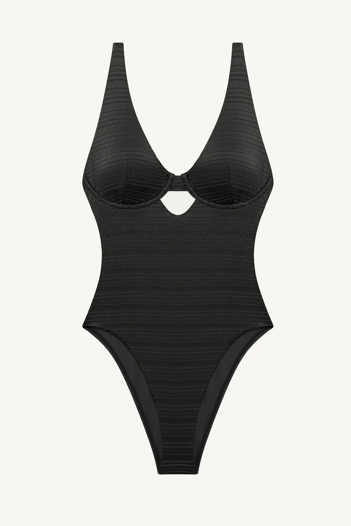 Cutout Design Water Repellent Rossi Underwire One Piece - Black Seersucker Stripe