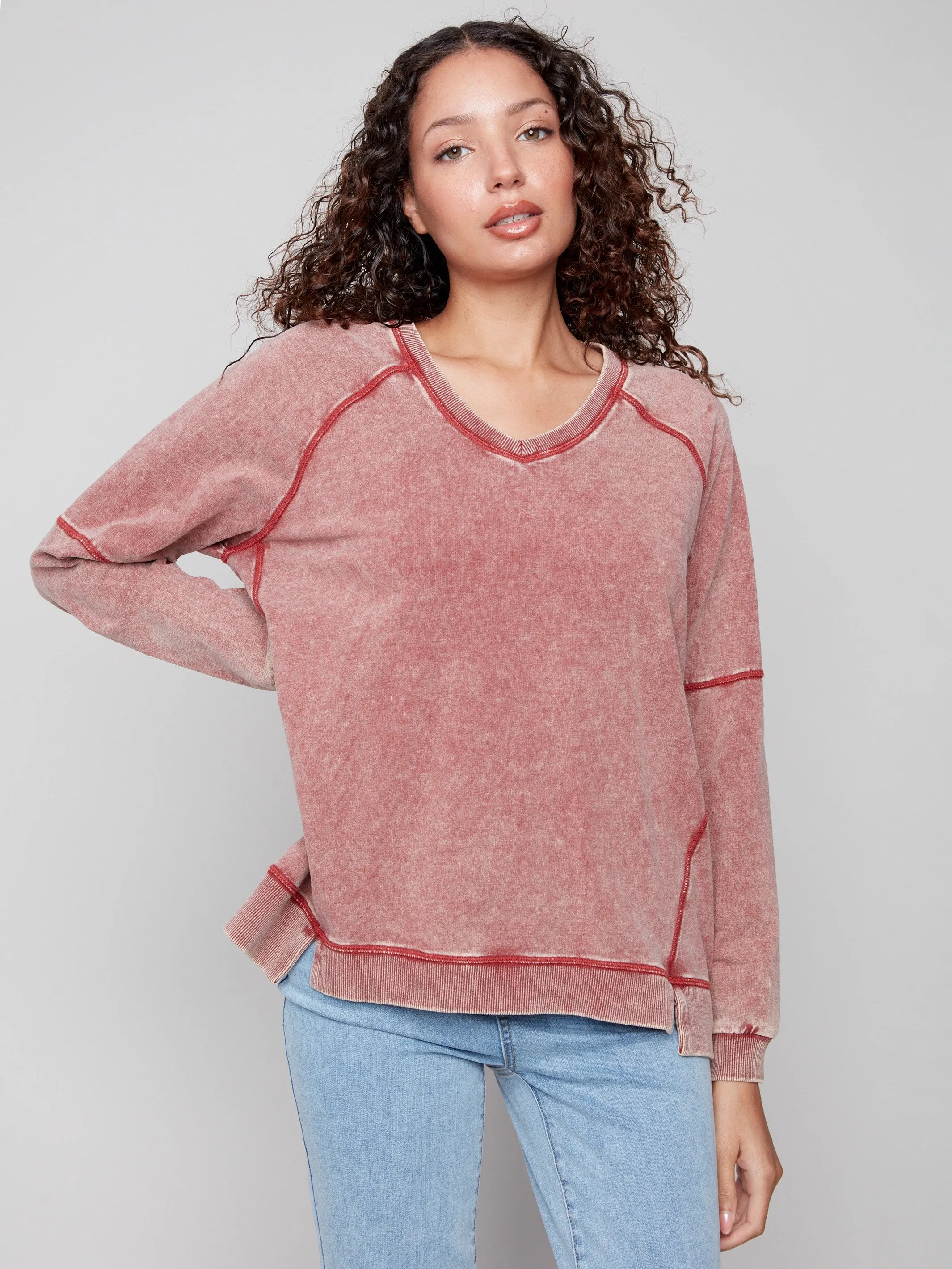 Cold Dye French Terry V-Neck Top - Cabernet Winter Layer