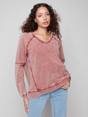World Glow Breathable mesh lining Cold Dye French Terry V-Neck Top - Cabernet