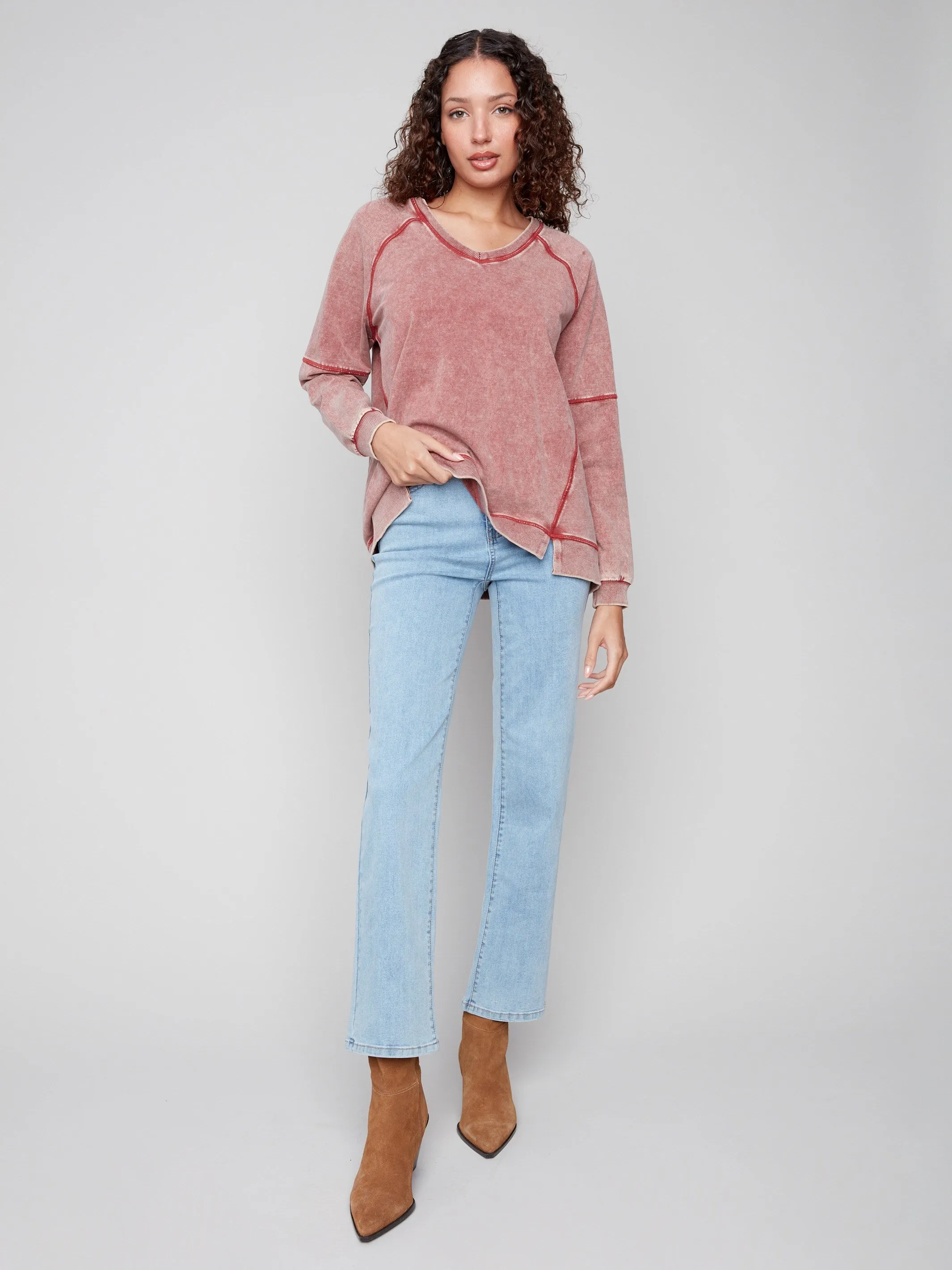 Cold Dye French Terry V-Neck Top - Cabernet warm fleece Formal Wear