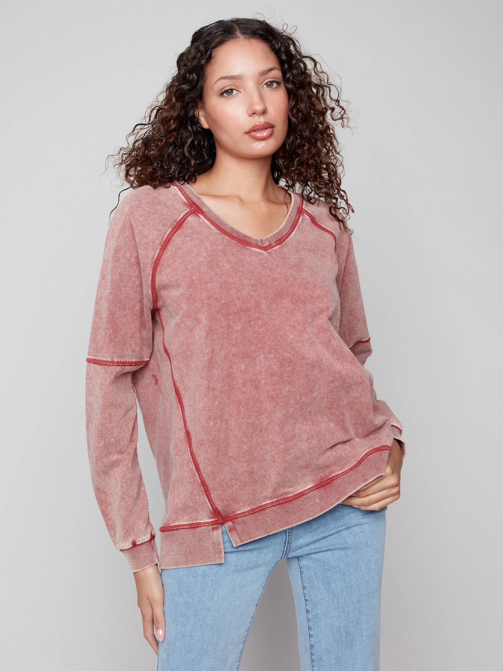 World Glow Breathable mesh lining Cold Dye French Terry V-Neck Top - Cabernet