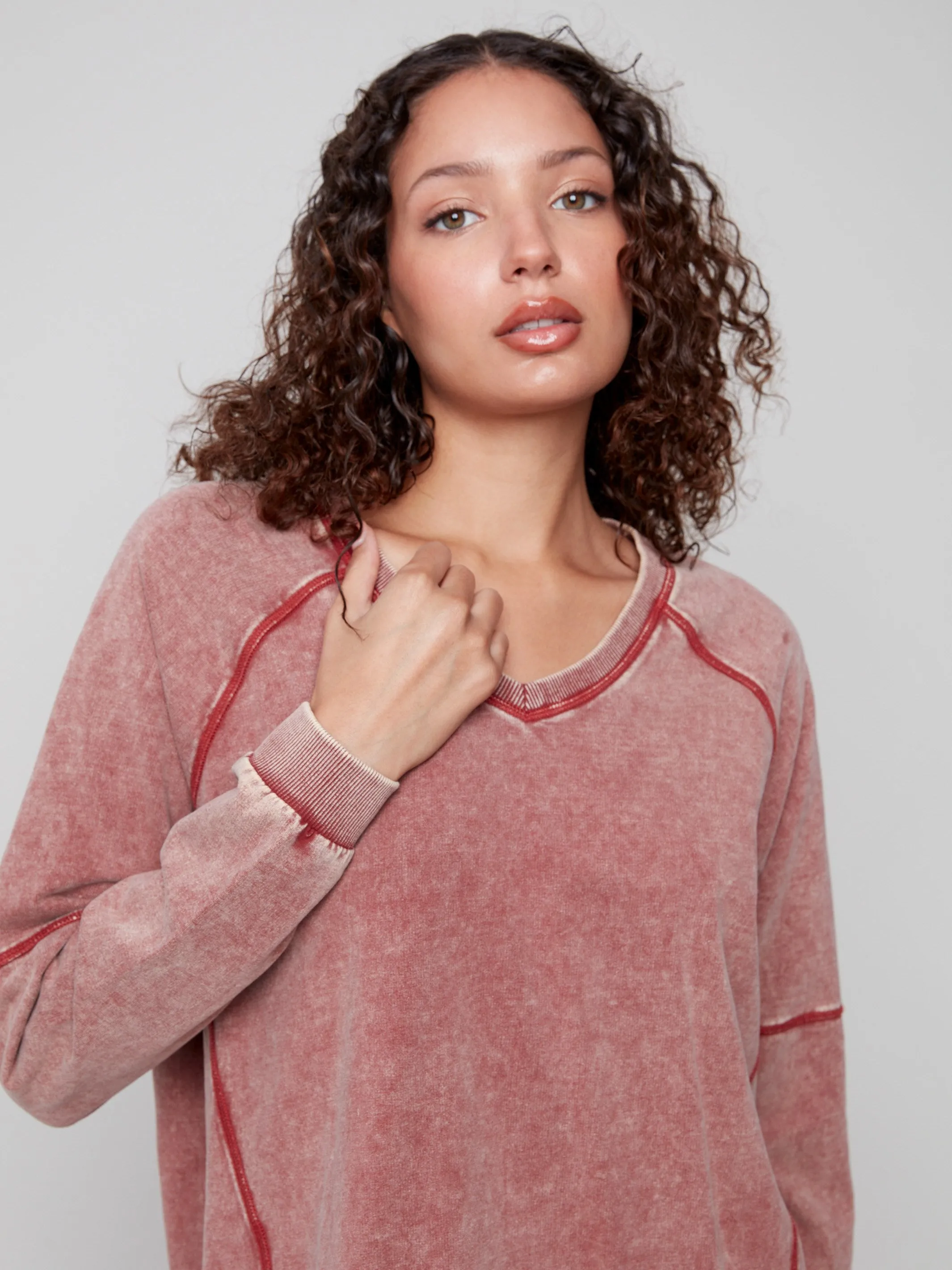 Cold Dye French Terry V-Neck Top - Cabernet Green Fit