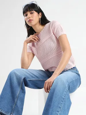 Madame Semi Sheer Knitted Cotton Blend Pink Top Winter Protection Warm Fashion