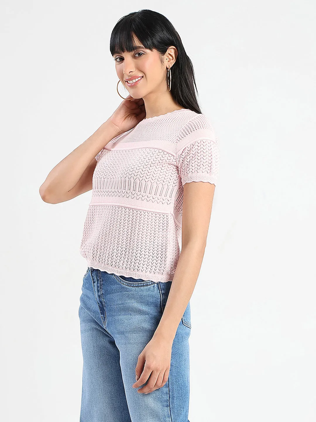 QuickDrying Fiber Senior Ease Madame Semi Sheer Knitted Cotton Blend Pink Top