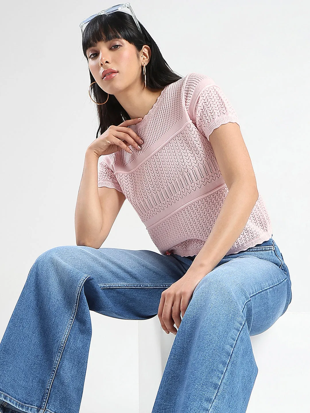 Madame Semi Sheer Knitted Cotton Blend Pink Top Winter Protection Warm Fashion