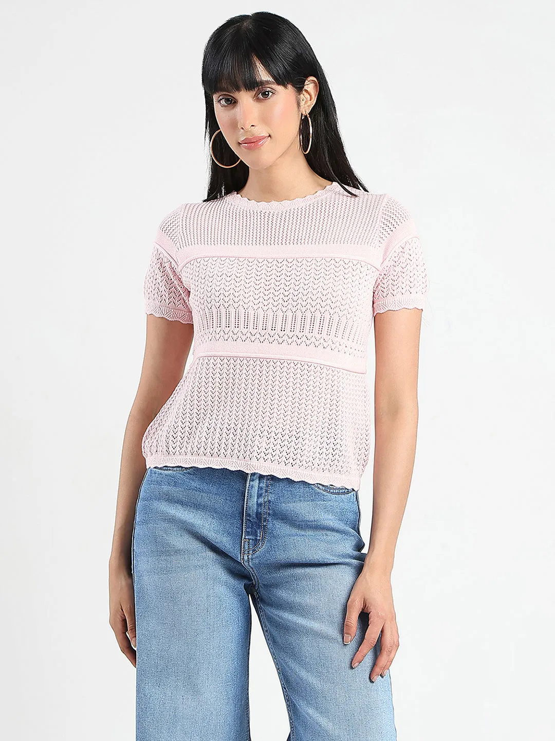Madame Semi Sheer Knitted Cotton Blend Pink Top Spark Glow Seamless Design