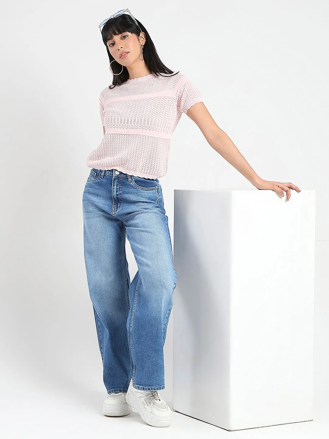Madame Semi Sheer Knitted Cotton Blend Pink Top Run Ready