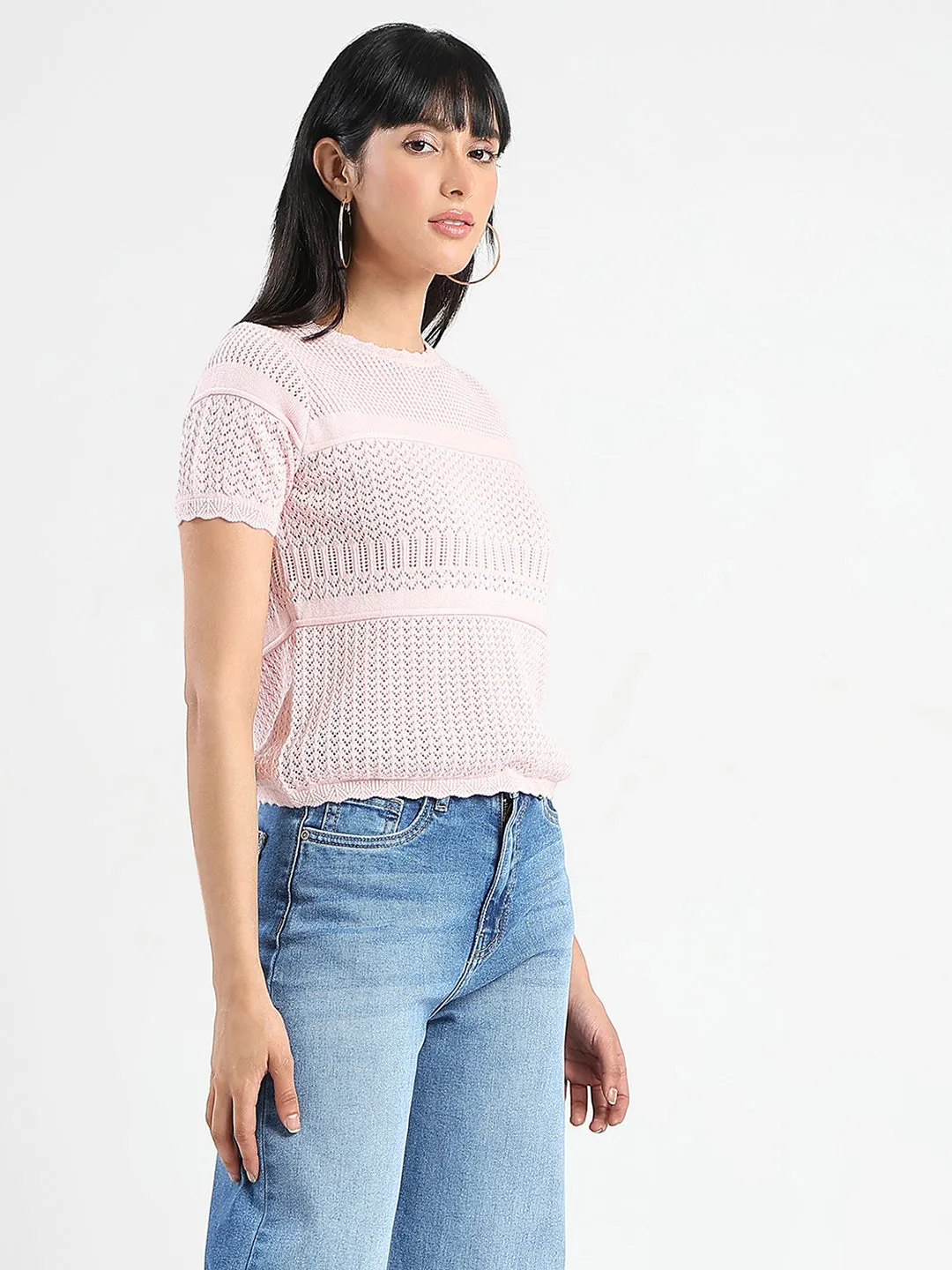 UVProtection Madame Semi Sheer Knitted Cotton Blend Pink Top