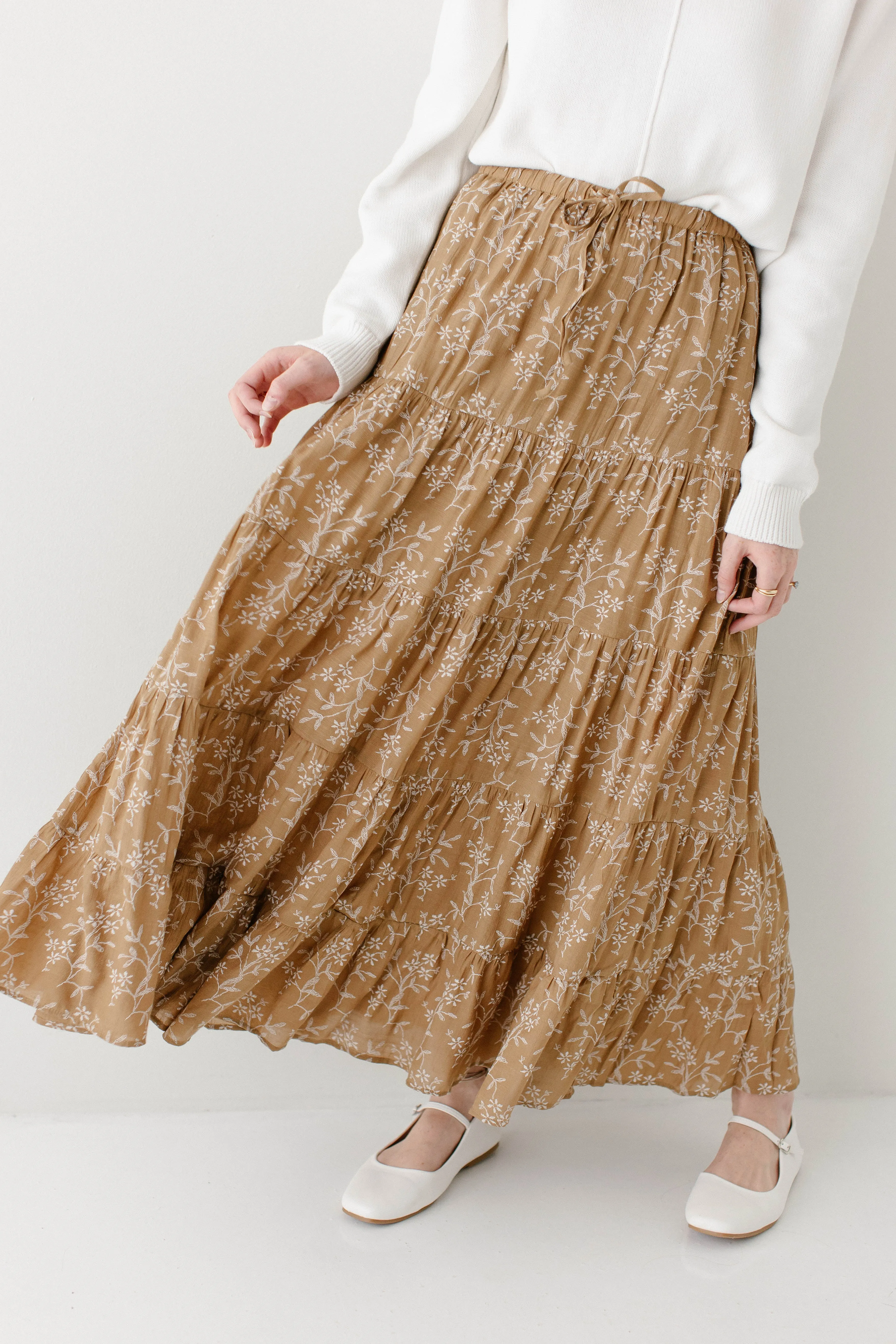 Modern Details 'Canaan' Floral Print Tiered Maxi Skirt Stretch waistband