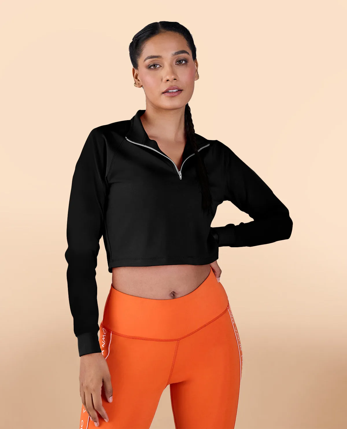 Basic Wear Wrinkle Resistant Texture Full Sleeves Running Top in Second SKN Fabric Black