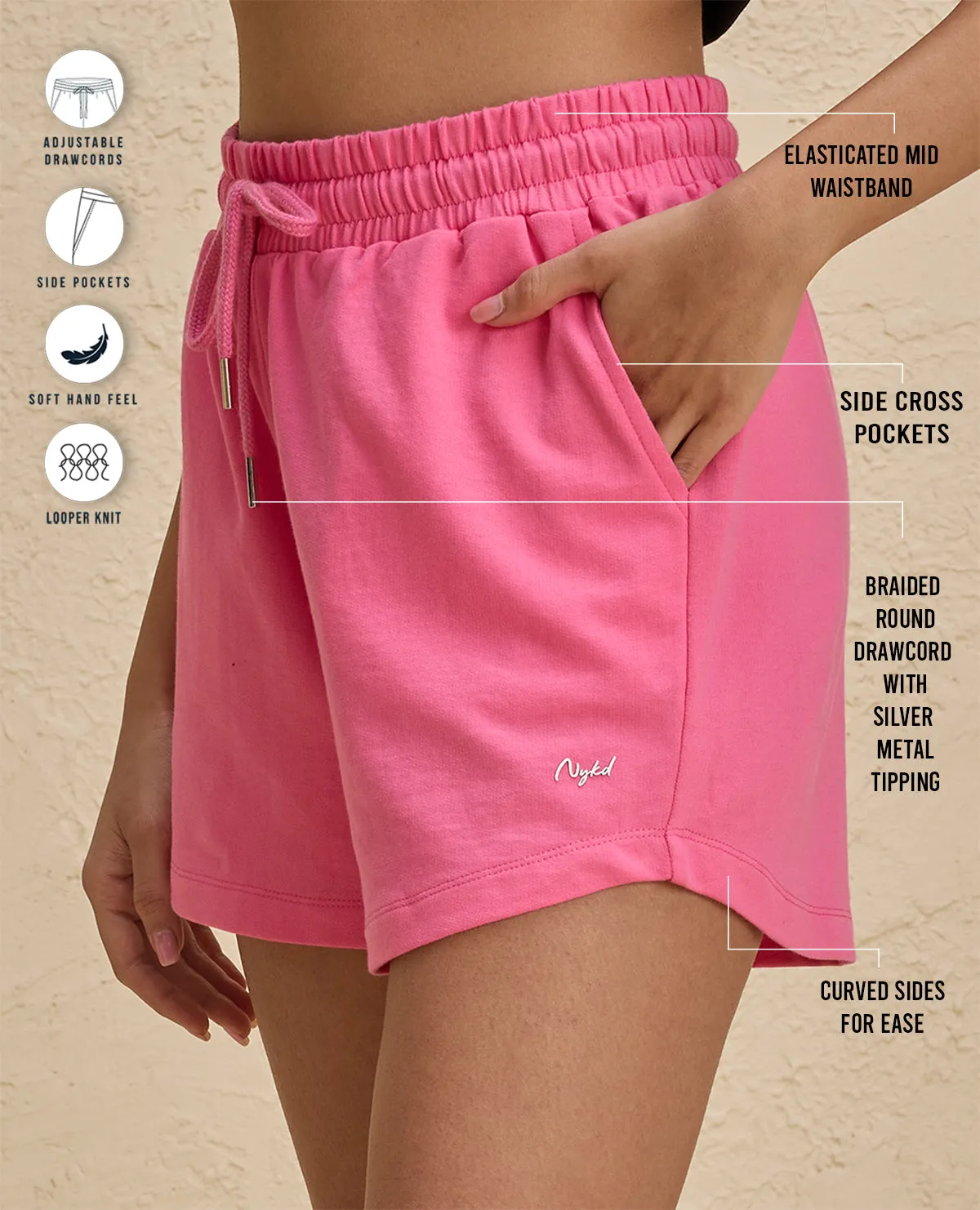 Nykd By Nykaa Summer Essential Peppy All Day Comfort Cotton Terry Shorts -NYAT504-Pink Cotton shorts Fleece Lining