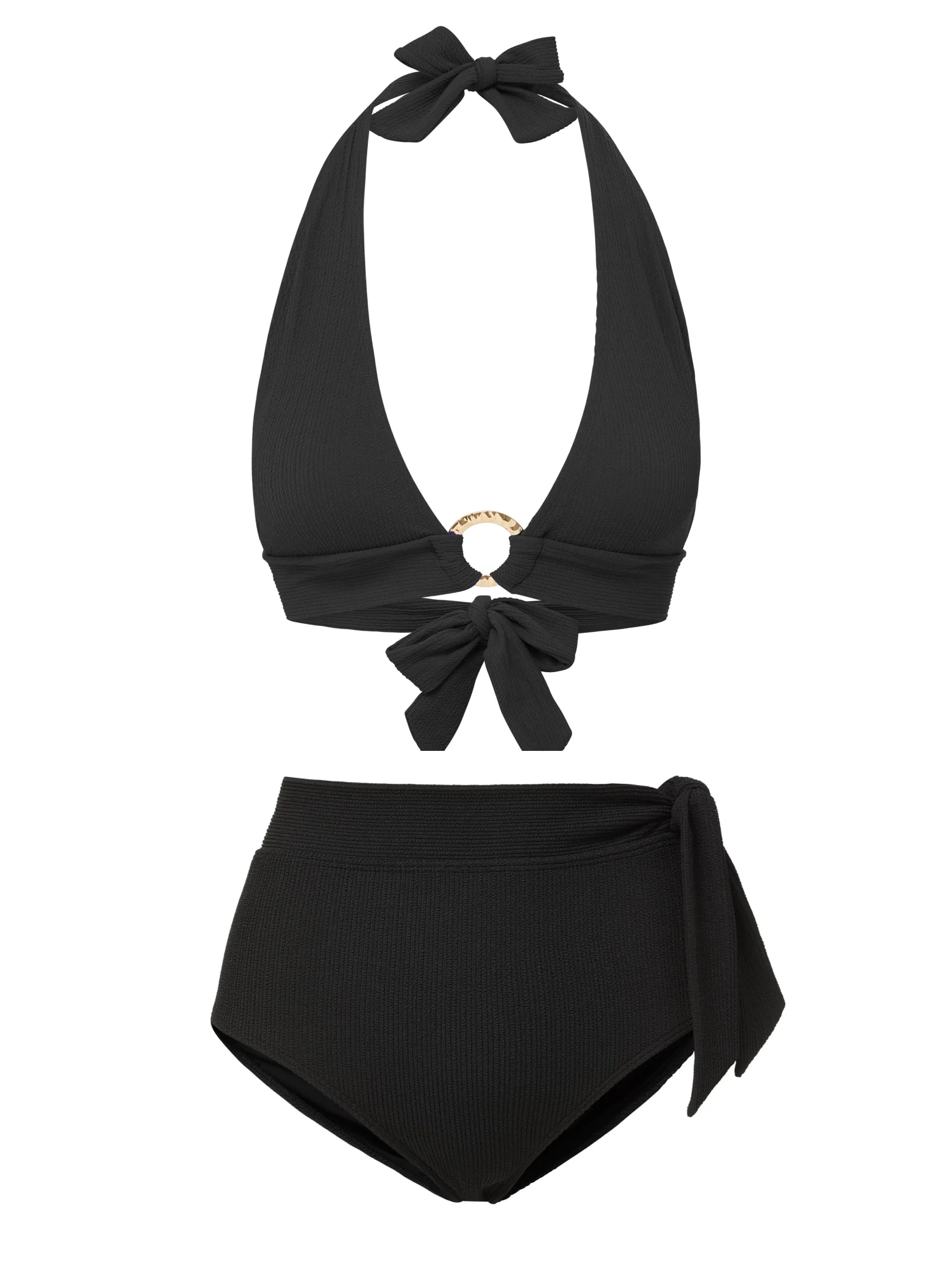 Erin Top   Side Tie High Waist Bottom In Black Texture Anti Sag Reinforcement Butter Soft Stretch