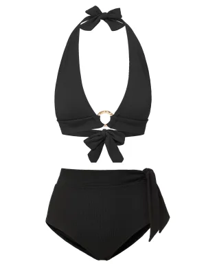 Erin Top   Side Tie High Waist Bottom In Black Texture Anti Sag Reinforcement Butter Soft Stretch