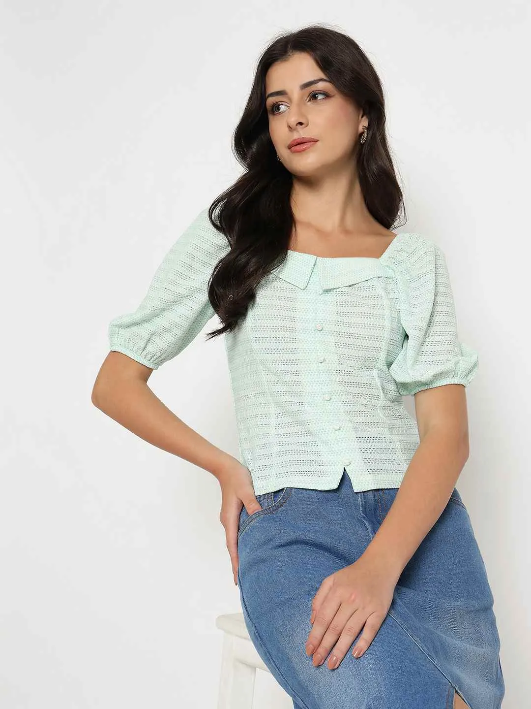 Office Mood Stretch Fit Madame Tie Detail Off Shoulder Turquoise Top