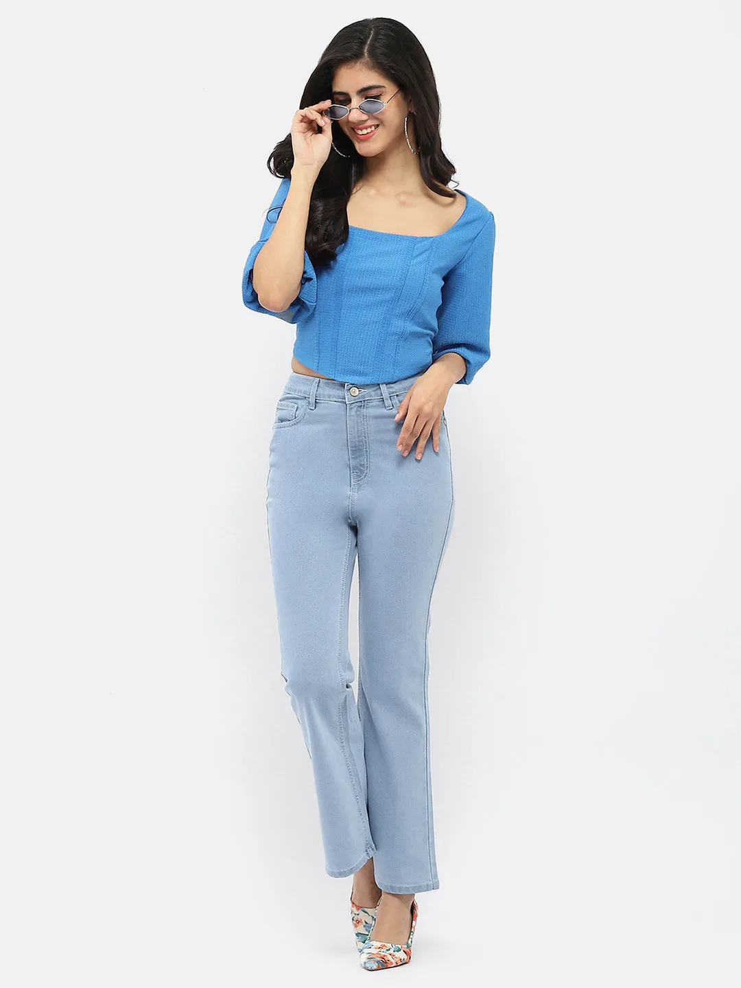 Comfortable Lounge Everyday Look Madame Corset Inspired Royal Blue Puff Sleeve Top
