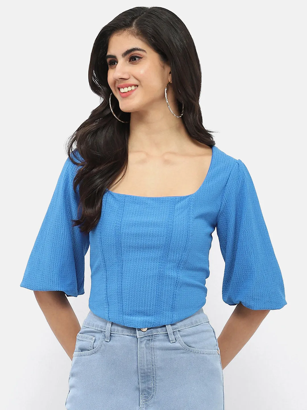 Diamond Soul Madame Corset Inspired Royal Blue Puff Sleeve Top