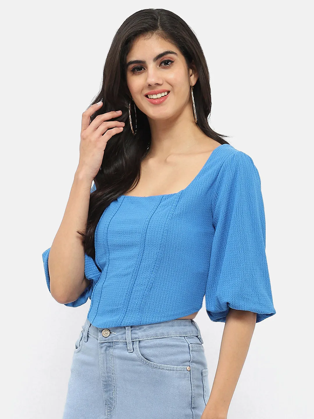 Madame Corset Inspired Royal Blue Puff Sleeve Top Airflow Mesh Panels Fantasy Glow