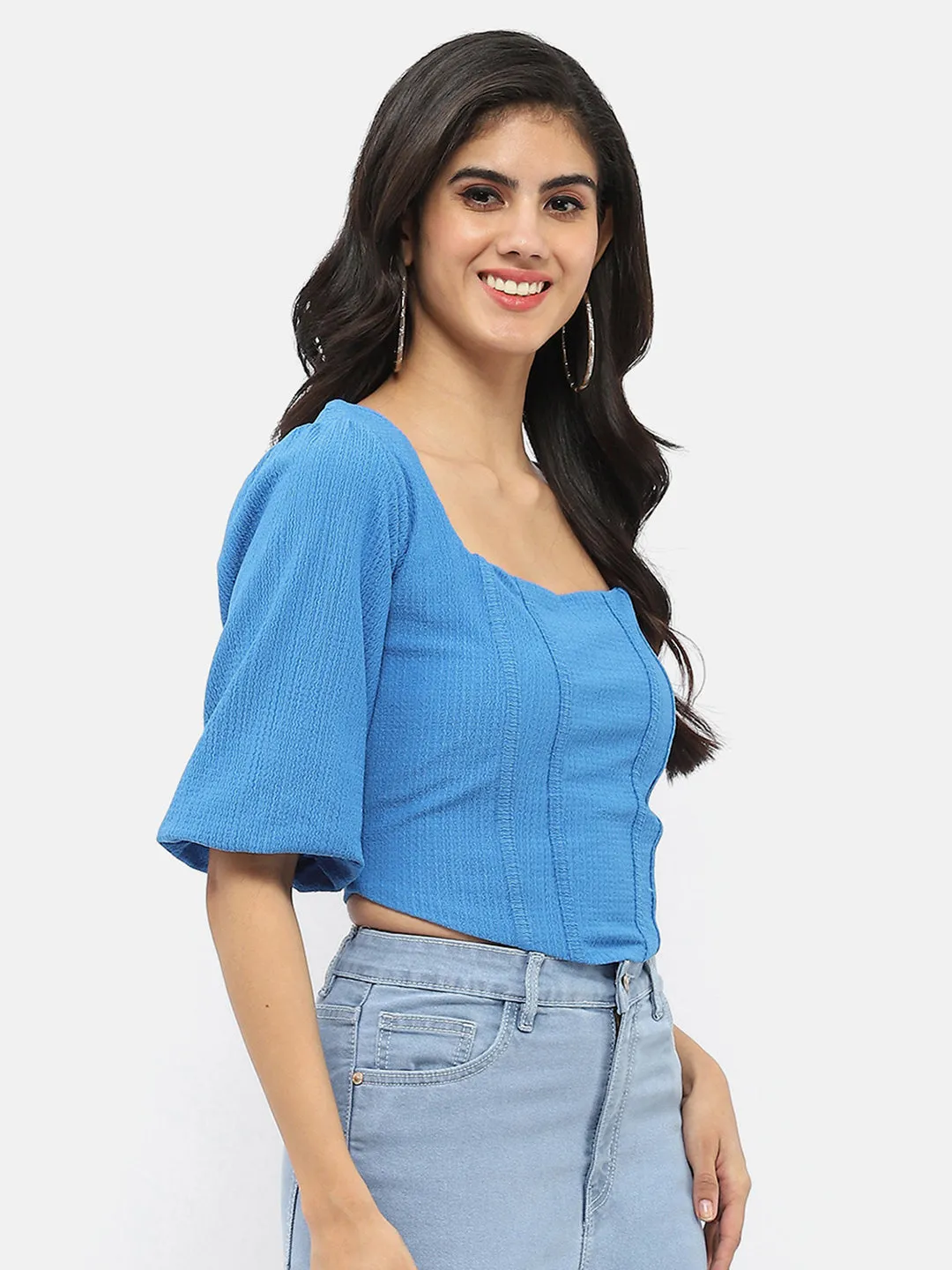 Planet Glow Madame Corset Inspired Royal Blue Puff Sleeve Top