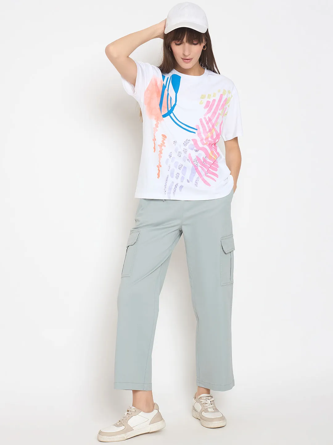 Flared bottom AdjustableWaistband Madame Cotton Straight Grey Cargo Pants
