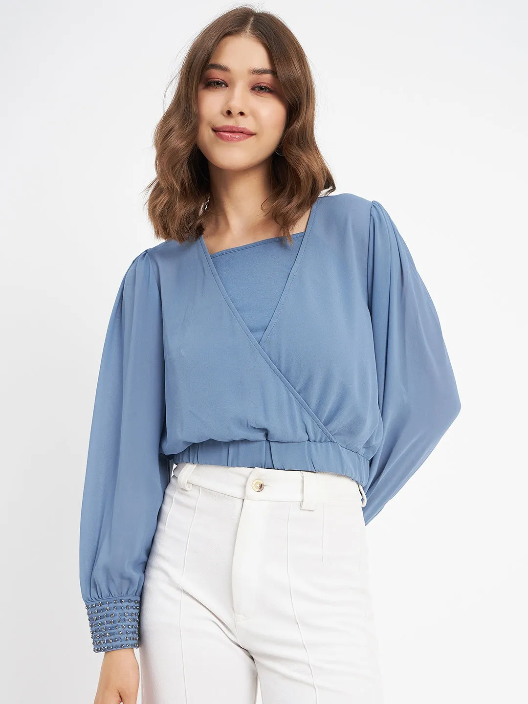 Madame Elasticated Hem Blue Wrap Crop Top Fast Fit Free Shape