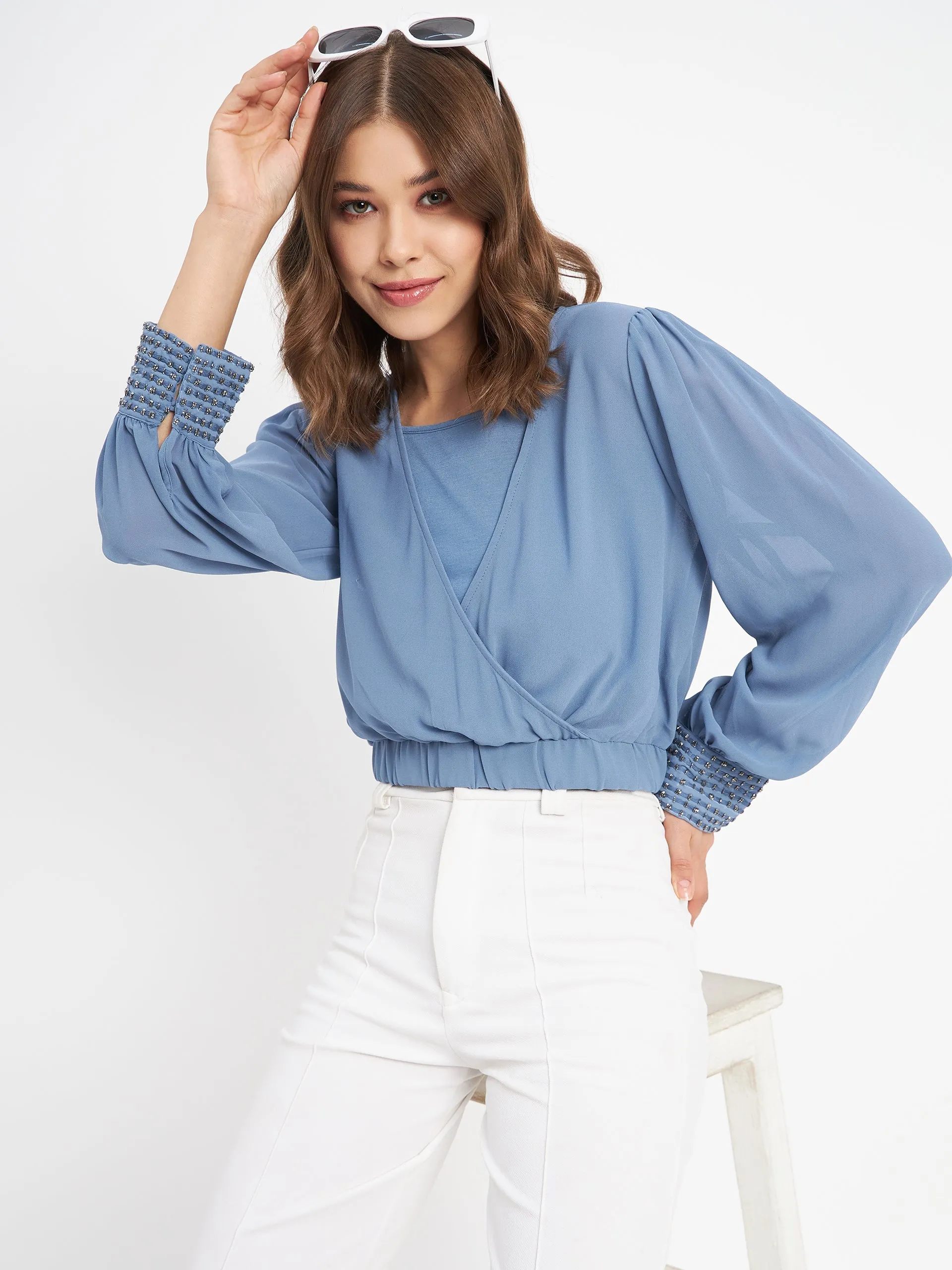 Madame Elasticated Hem Blue Wrap Crop Top Soft Blouse Downtown Cool