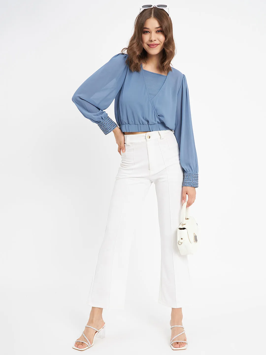 LowMaintenanceFabric Madame Elasticated Hem Blue Wrap Crop Top