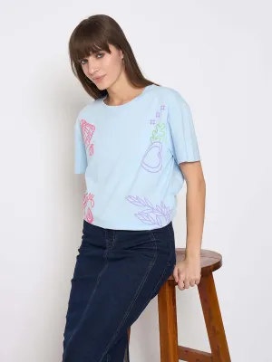 Madame Front and Back Printed Light Blue Sinker Tshirt Anti Pilling Treatment