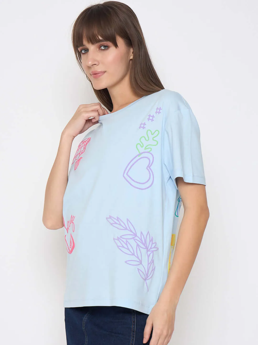 Urban Casual Look Madame Front and Back Printed Light Blue Sinker Tshirt