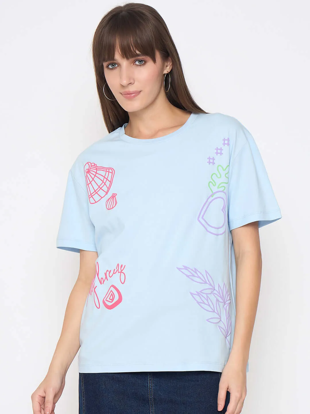 spring fashion Madame Front and Back Printed Light Blue Sinker Tshirt