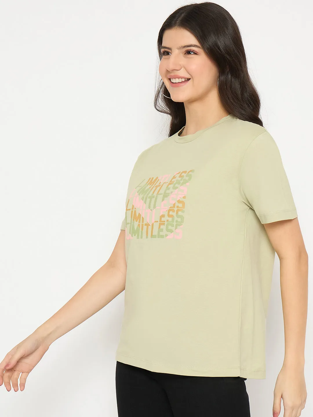 Madame Printed Pear Green Cotton T-shirt Modern Layer