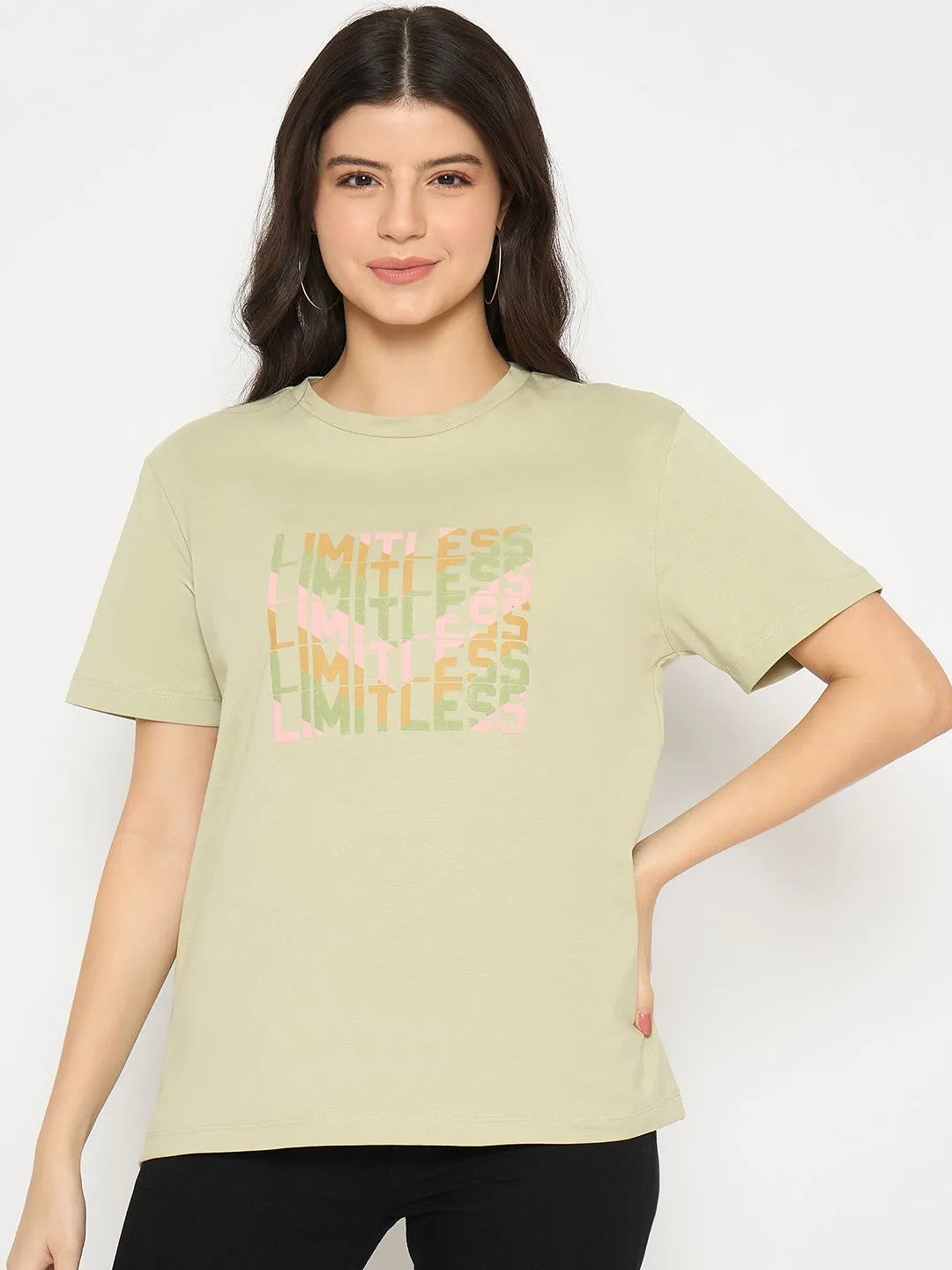 Madame Printed Pear Green Cotton T-shirt Edgy Minimalist Wear