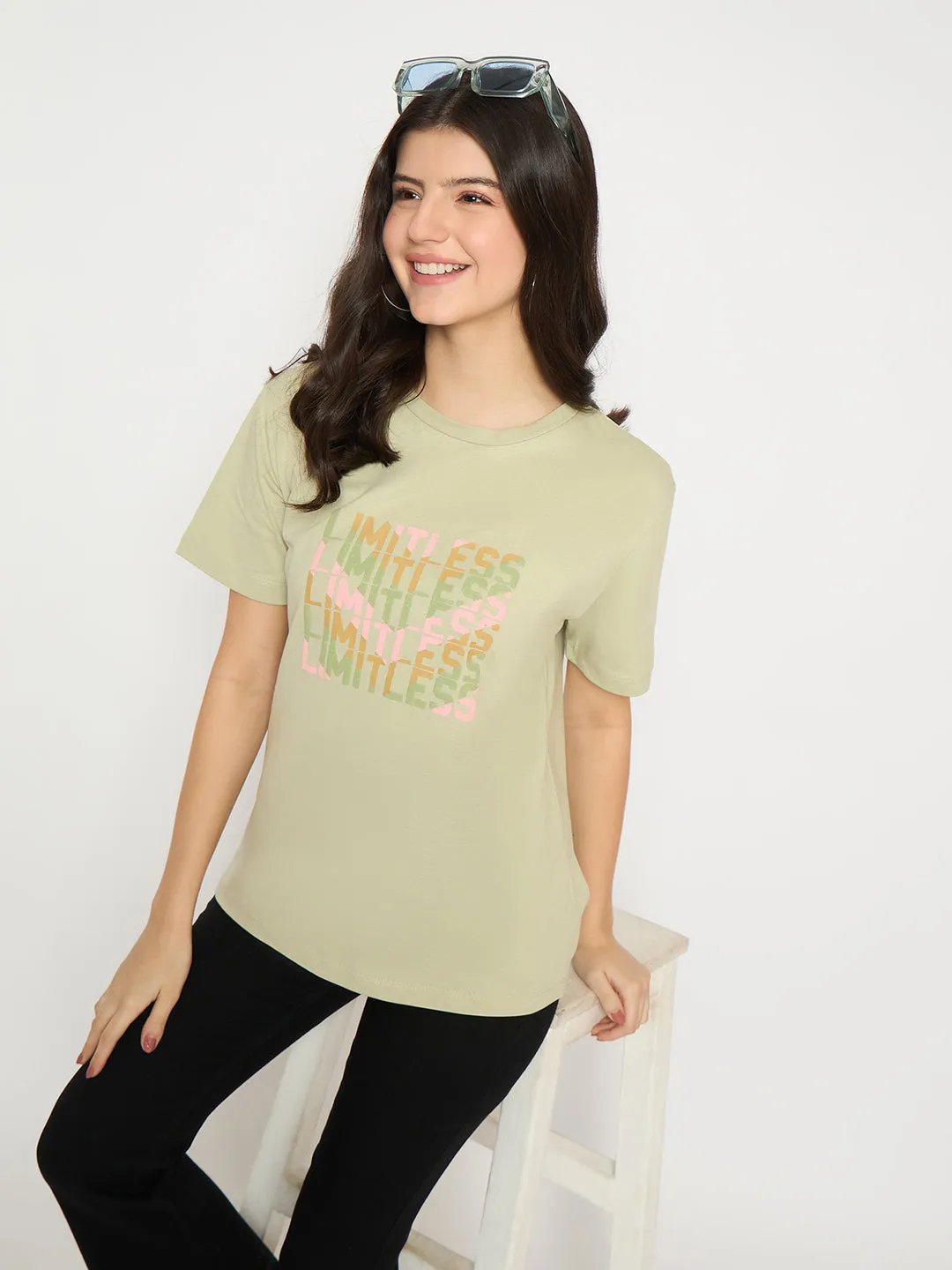 Madame Printed Pear Green Cotton T-shirt Layered Collar Structure ReinforcedShoulderPanels