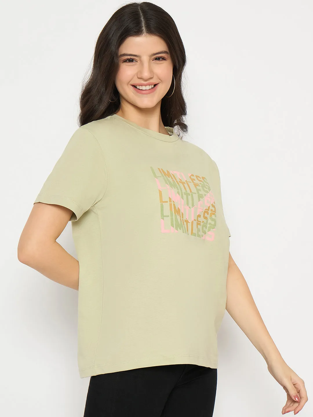 Timeless Layering Ethically Sourced Materials Madame Printed Pear Green Cotton T-shirt