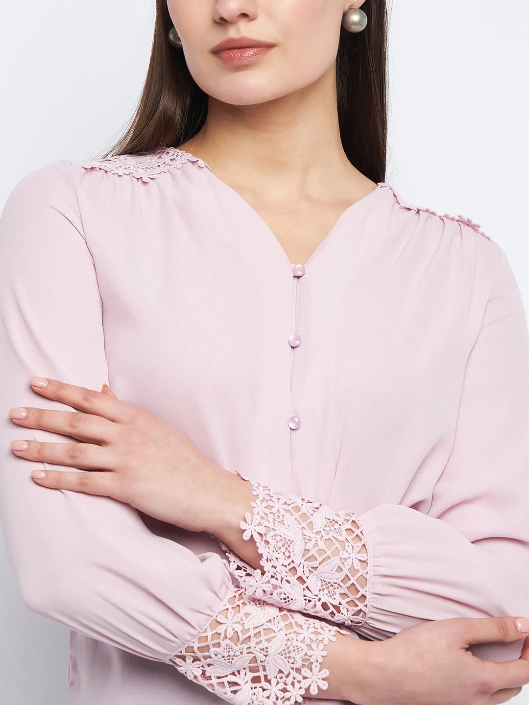 Weather resistant Brave Fit Madame Lace Detailed Onion Pink V-Neck Shirt