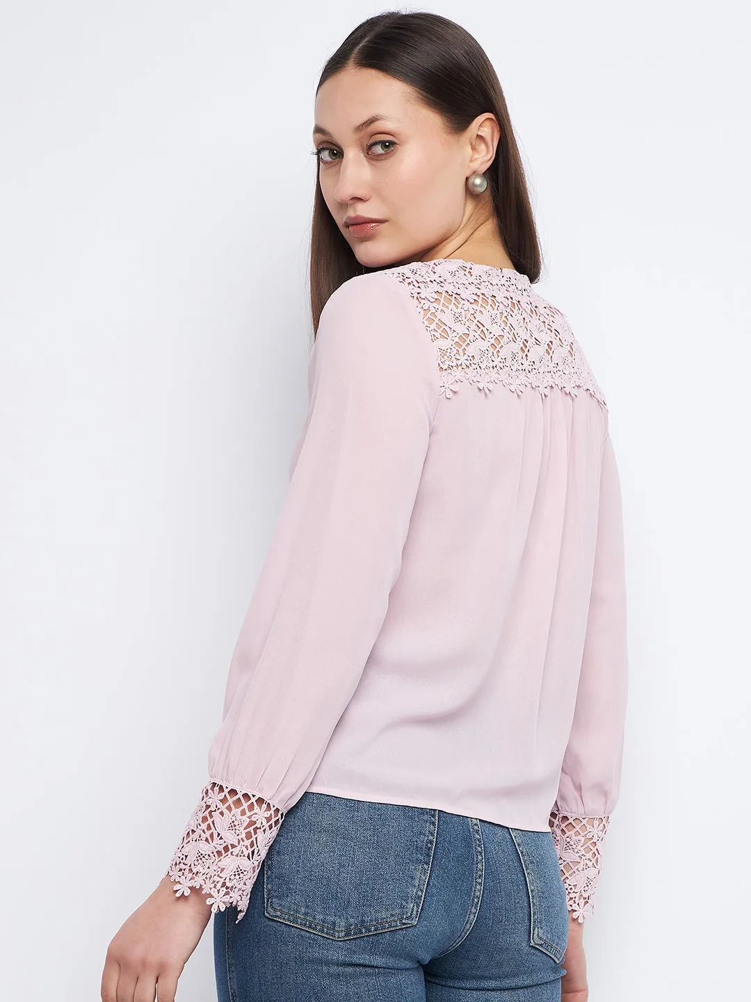 WrinkleResistantClothing Wave Core Madame Lace Detailed Onion Pink V-Neck Shirt