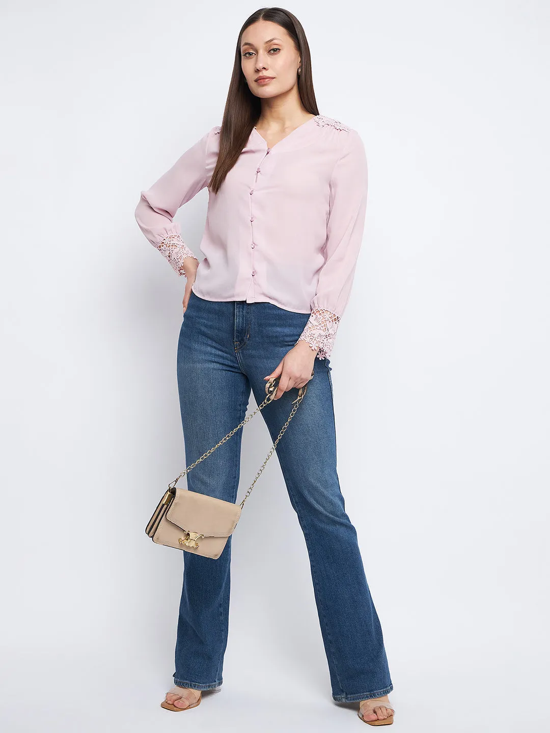 Glass Fit Madame Lace Detailed Onion Pink V-Neck Shirt