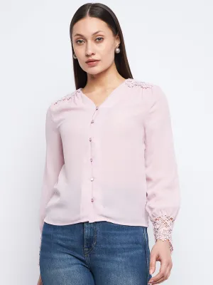 EcoFriendly Textiles CompactPackability Madame Lace Detailed Onion Pink V-Neck Shirt