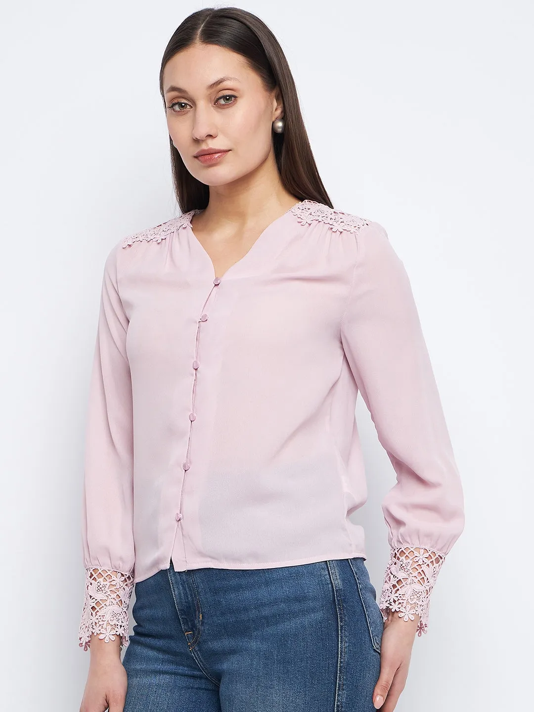 Reinforced Edges Layer Light Madame Lace Detailed Onion Pink V-Neck Shirt