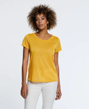 BreathableFabric Eco Fabric Short Sleeve Top with Decorative Trim